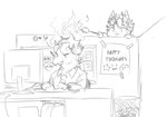 anthro candy dessert duo electronics fire food heart_symbol male marshmallow monitor necktie office poster sitting trash_can marvolk flamie_(marvolk) mark_(marvolk) avian canid canine mammal 2020 monochrome sketch