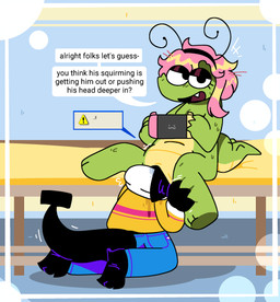 abdominal_bulge anthro anthro_pred anthro_prey barefoot bed black_body blonde_highlights blush bodily_fluids border bottomwear clothing denim denim_bottomwear denim_clothing dialogue duo electronics eyelashes fake_antennae feet female female_pred furniture game_console genital_fluids genitals green_body hair head_first highlights_(coloring) hoodie jeans looking_at_viewer male male/female male_prey non-mammal_hair on_bed open_mouth pants partially_inside pink_hair speech_bubble switch_console tail teeth text topwear unbirthing vaginal vaginal_fluids vore vulva white_border window_(computing) pawplants nintendo nintendo_switch marcy_(pawplants) veecee alligator alligatorid crocodilian reptile scalie void_fluff 2022 absurd_res digital_media_(artwork) english_text hi_res