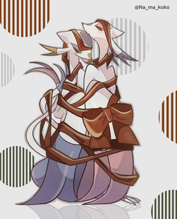 ambiguous_gender anthro blue_markings blush blush_lines bound bound_together bow_ribbon claws duo forked_tail lidded_eyes looking_at_another looking_at_viewer markings pattern_background pink_markings red_eyes red_ribbon ribbons simple_background standing tail unusual_anatomy unusual_tail white_body na_ma_koko nintendo pokemon generation_5_pokemon mienshao pokemon_(species) shiny_pokemon digital_drawing_(artwork) digital_media_(artwork) hi_res shaded