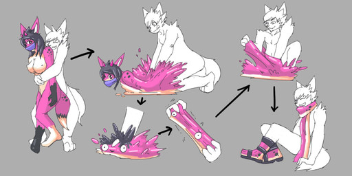anthro biped black_hair black_markings boots breasts clothed clothing clothing_transformation countershading dipstick_tail directional_arrow duo female female_anthro footwear fur gag gagged goo_transformation hair horn inanimate_transformation kneeling male male_anthro markings nipples nude purple_body scarf shoes simple_background sitting sitting_on_ground standing tail tail_markings transformation what white_body white_countershading white_markings worried mxl ayase_(ayasebunny) canid canine fox mammal 2011 2:1 colored sequence