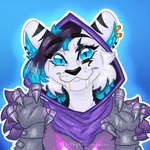 anthro big_fangs blue_hair claws cosplay ear_piercing facial_scar fangs female fur hair piercing scar solo teeth white_body white_fur ilithya_nichibotsu epic_games fortnite leyla_katzend raven_team_leader felid mammal prehistoric_species saber-toothed_tiger hi_res