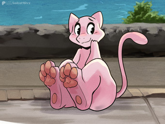 ambiguous_gender blush blush_lines detailed_background feet feral looking_back pawpads paws pink_body sitting solo tail conditional_dnp sadcat16hrz nintendo pokemon generation_1_pokemon legendary_pokemon mew_(pokemon) pokemon_(species) 4:3 hi_res painting_(artwork) sketch