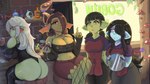 bar big_breasts blue_body blue_skin breasts cleavage clothed clothing detailed_background female fishnet_clothing fishnet_legwear green_body green_skin group hair hair_over_eye legwear not_furry one_eye_obstructed thick_thighs elawaxd elora_(elawaxd) goblin humanoid 16:9 4k absurd_res hi_res widescreen