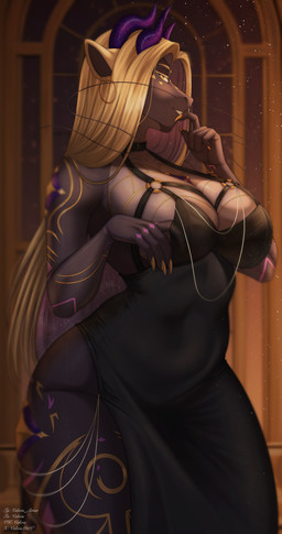 anthro biped breasts claws clothed clothed_anthro clothed_female clothing female fingers front_view hair horn inside looking_at_viewer smile solo standing tail teeth valeris mythology dragon mythological_creature mythological_scalie scalie 2026 digital_drawing_(artwork) digital_media_(artwork) hi_res