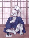 alcohol asian_clothing beverage clothed clothing detailed_background east_asian_clothing fundoshi inside japanese_clothing looking_aside male sake sake_bottle samurai sitting solo underwear warrior matana usagi_yojimbo miyamoto_usagi lagomorph leporid mammal rabbit hi_res