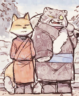 angry anthro asian_clothing boots brown_clothing clothing cross-popping_vein duo ear_piercing east_asian_clothing fangs footwear hands_behind_back holding_object male narrowed_eyes open_mouth piercing red_clothing sack shoes stepping_on_tail tail teeth whiskers yellow_sclera sanjiro canid canine felid fox mammal pantherine snow_leopard tibetan_sand_fox true_fox