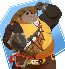 anthro asian_clothing black_body black_fur chinese_clothing clothing east_asian_clothing eyewear fist fur glasses male overweight overweight_male ring shirt solo tipping_hat topwear white_body white_fur yellow_clothing yellow_shirt yellow_topwear ruisuu_1202 mihoyo zenless_zone_zero pan_yinhu bear giant_panda mammal thiren 2025 absurd_res hi_res