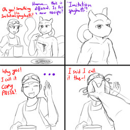 bowl clothing container duo eyewear female feral food goggles hat headgear headwear humor male male/female pasta spaghetti text livinlovindude nintendo pokemon generation_1_pokemon human legendary_pokemon mammal mewtwo pokemon_(species) 1:1 2025 comic english_text sketch