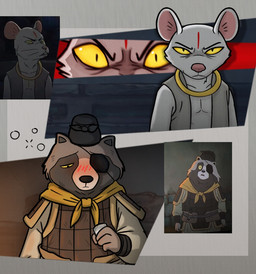 anthro armor black_nose blush clothed clothing drunk eye_patch eyewear fur hat headgear headwear kemono male pink_nose solo substance_intoxication white_body white_fur benteem1 nobody_(2025) canid canine mammal murid murine raccoon_dog rat rodent tanuki 2025