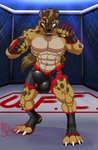 4_toes 5_fingers abs anthro balls_outline biceps big_bulge black_nose blue_eyes bodily_fluids brown_body brown_hair brown_skin bulge clothing detailed_bulge digitigrade eyebrows facial_markings feet fighting_pose fighting_ring fingers genital_outline gloves hair handwear head_markings looking_at_viewer male markings multicolored_body multicolored_skin muscular muscular_anthro muscular_male muscular_thighs muzzle_(marking) pecs penis_outline pose sharp_teeth snout snout_markings solo sport sportswear spots sweat tan_body tan_skin teeth tight_underwear toes two_tone_body two_tone_skin underwear white_body white_skin hungothenomster ufc hyena mammal spotted_hyena 2020 hi_res