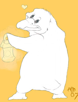 ambiguous_gender feral heart_symbol holding_object lamp lantern looking_back nude rear_view simple_background solo yellow_background auddwaggin avian bird penguin 2007