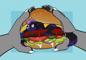 anthro big_hands black_body black_fur blue_eyes blue_nose blush burger cheek_tuft cosmic_hair dipstick_tail duo ethereal_hair extreme_size_difference facial_tuft femboy food food_fetish food_play fur grey_body grey_fur macro male male/male markings micro multicolored_body multicolored_fur purple_body purple_fur simple_background size_difference sparkles tail tail_markings trapped trapped_in_food tuft two_tone_body two_tone_fur vore wristband leeomon kitsunaki ventis canid canine canis fox mammal wolf 2025 hi_res