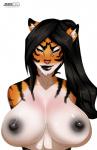 anthro big_breasts biped black_hair black_lips black_nipples blush body_blush breasts chin_tuft countershade_torso countershading facial_markings facial_tuft female front_view hair head_markings huge_breasts lips markings nipples nude simple_background solo striped_body stripes tuft white_background yellow_eyes mugenillustrations vader120 jaya_(vader120) felid mammal pantherine tiger digital_media_(artwork) half-length_portrait hi_res portrait unavailable_at_source