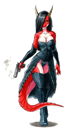 2_horns 5_fingers anthro bedroom_eyes big_breasts biped black_clothing black_dress black_hair black_lingerie black_panties black_underwear boots breasts cleavage clothed clothed_anthro clothed_female clothing collarbone countershade_face countershade_legs countershade_neck countershade_scales countershade_tail countershade_torso countershading curvy_figure desert_eagle dress eyebrows eyelashes female femme_fatale fingernails fingers footwear fully_clothed fully_clothed_anthro fully_clothed_female glistening glistening_hair gun hair hair_over_eye handgun holding_gun holding_handgun holding_object holding_ranged_weapon holding_weapon horn humanoid_hands legwear lingerie looking_at_viewer nails narrowed_eyes non-mammal_breasts one_eye_obstructed orange_eyes panties pistol ranged_weapon red_body red_eyebrows red_scales scales seductive shoes simple_background sleeveless_dress sleeves smoking_gun solo strapless_clothing strapless_dress tail tan_body tan_countershading thick_tail thigh_boots thigh_highs underwear walking weapon white_background ewgengster european_mythology mythology adena_(ewgengster) dragon mythological_creature mythological_scalie reptile scalie western_dragon wingless_dragon absurd_res hi_res traditional_media_(artwork)