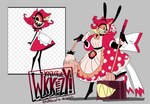 1_eye broom cleaning_tool clothed clothing dress female hair polka_dot_dress red_hair redesign sharp_teeth simple_background smile solo teeth dedoggyskullz hazbin_hotel niffty_(hazbin_hotel) cyclops demon demon_humanoid humanoid absurd_res hi_res