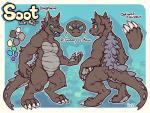 4_toes 5_fingers anthro blue_eyes claws digitigrade fangs feet fingers fur green_eyes heterochromia male slightly_chubby solo spikes standing tail teeth toe_claws toes buyo_(artist) soot_(sootsky) kaiju scalie 2017 model_sheet signature