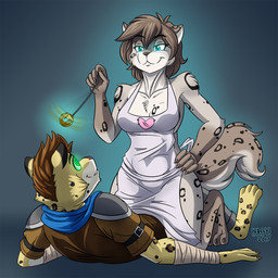 4_toes 5_fingers anthro apron apron_only barefoot breasts brown_body brown_fur brown_hair cleavage clothed clothing duo feet female fingers fur hair hypnosis male mind_control mostly_nude pendulum simple_background smile spots straddling submissive submissive_male toes heresy_(artist) twokinds ash_(ashkelling) kathrin_vaughan felid leopard mammal pantherine 1:1 2017 digital_media_(artwork) hi_res