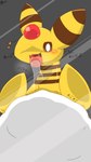 abdominal_bulge ambiguous_gender anthro belly big_belly blush bodily_fluids fully_inside licking_screen looking_at_viewer saliva solo text vore yellow_body takisan_oekaki nintendo pokemon ampharos generation_2_pokemon mammal pokemon_(species) 9:16 hi_res japanese_text