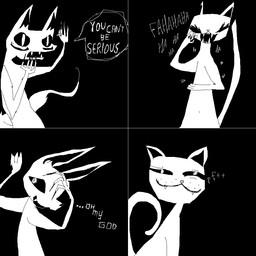 ambiguous_gender anthro dialogue duo fangs laugh smile teeth text white_body naircat domestic_cat felid feline felis mammal 1:1 2012 aliasing black_and_white comic digital_media_(artwork) english_text monochrome
