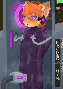 4_fingers anthro arms_at_sides balls balls_outline bangs blue_eyes bodily_fluids body_control bodysuit bulge clothing computer_screen detailed_bulge emanata erect_nipples erection fingers fur genital_outline genitals hair heart_symbol hypnosis hypnotic_swirl hypnotic_visor inner_ear_fluff latex latex_clothing latex_skinsuit loading_bar male markings masturbation_through_clothing mind_control navel nipple_fetish nipple_play nipple_suck nipples orange_hair penetrable_sex_toy purple_bodysuit purple_clothing purple_glow purple_latex purple_markings purple_skinsuit purple_visor raised_tail robotic_tentacles sex_toy skinsuit solo squirming stiff_tail sucking sweat sweatdrop tail text tight_clothing translucent translucent_clothing tuft white_inner_ear_fluff yellow_body yellow_fur young young_anthro young_male ririmaru domestic_cat felid feline felis mammal absurd_res english_text hi_res