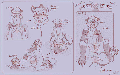 anal anal_penetration animal_genitalia animal_penis anthro anus balls butt canine_genitalia canine_penis chastity_bulge chastity_device clothed clothing curled_tail dialogue duo ejaculation erection feet foot_fetish foot_lick foot_play genitals licking male male/male nude null null_bulge null_penetrated orgasm_denial pawpads paws penetration penile penile_penetration penis penis_in_ass sex tail text tongue churroshiba canid canine canis domestic_dog mammal mustelid otter shiba_inu spitz 16:10 comic english_text hi_res sketch widescreen