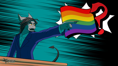 anthro black_hair clothing desk fangs furniture grey_body hair lgbt_pride long_hair long_nails male motion_lines orange_eyes pride_colors question question_mark rainbow_flag rainbow_pride_flag rainbow_symbol solo suit table tail teeth vesper_thee_bat ace_attorney capcom objection! vesper_thee_bat_(character) bat mammal 16:9 2026 4k absurd_res hi_res widescreen