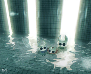 2_horns ambiguous_gender black_eyes cloak clothed clothing empty_eyes group horn partially_submerged red_cloak red_clothing text trio water white_text nacl hollow_knight_(franchise) team_cherry hollow_knight_(character) hornet_(hollow_knight) the_knight_(hollow_knight) arthropod vessel_(species) 2026 english_text signature female_(lore) half_sister_(lore) sibling_(lore) sister_(lore)