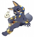 anklet anthro bracelet clothing egyptian egyptian_clothing egyptian_headdress headdress headgear headwear jewelry male nemes_(clothing) shota simple_background slime smile solo suggestive white_background young young_anthro harusuke anubis_and_the_buried_bone egyptian_mythology middle_eastern_mythology mythology anubis anubian_jackal canid canine canis deity jackal mammal