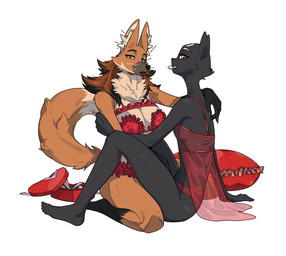 5_fingers 5_toes anthro barefoot biped black_body black_fur bra breasts brown_body brown_fur brown_hair brown_tail butt candy chocolate claws clothed clothed_anthro clothed_female clothing countershade_fur countershade_torso countershading dessert duo feet female finger_claws fingernails fingers food front_view fur hair humanoid_feet humanoid_hands inner_ear_fluff kneeling looking_at_viewer nails orange_eyes panties plantigrade rear_view simple_background sitting smile tail teeth toes tuft underwear underwear_only whiskers white_background yellow_eyes nulia laura_(nulia) tarahe canid canine domestic_cat felid feline felis mammal maned_wolf 2026 digital_drawing_(artwork) digital_media_(artwork) hi_res