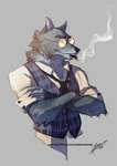 age_difference anthro blue_necktie cigarette cigarette_in_mouth clothing eyewear fur glasses grey_body grey_fur male muscular necktie object_in_mouth older_male rolled_up_sleeves shirt smoke solo topwear vest wearing_glasses ioanamuresanart canid canine canis mammal wolf hi_res