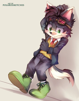 5_fingers anthro black_body black_fur blazer bottomwear clothing cursed_object embarrassed eyewear fingers flustered footwear fur goggles green_eyes hand_on_head hand_on_side legwear looking_down magic male necktie pants pattern_clothing pattern_footwear pattern_legwear pattern_socks school_uniform shoelaces shoes shy simple_background slacks socks solo striped_clothing striped_footwear striped_legwear striped_socks stripes student tail tap_shoes uniform v-neck_sweater walking white_body white_collared_shirt white_fur young young_anthro polarissketches crisp_the_wolf animate_inanimate canid canine canis mammal wolf absurd_res hi_res