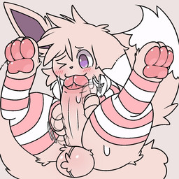 anthro autofellatio balls clothing foreskin genitals legwear male masturbation motion_blur oral oral_masturbation paws penile penile_masturbation penis raised_paw solo thigh_highs sunspikevee nintendo pokemon kovee eevee generation_1_pokemon pokemon_(species) 1:1 hi_res