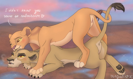 animal_genitalia animal_vulva anus bite blush dominant dominant_female duo ear_bite feline_genitalia feline_vulva female female/female feral fur genitals pining raised_tail red_eyes submissive submissive_female tail tail_anus text vulva yellow_sclera negativx disney the_lion_king kiara_(the_lion_king) zira_(the_lion_king) felid lion mammal pantherine 5:3