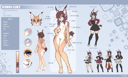 4_toes 5_fingers anthro areola biped blue_eyes bottomwear breasts brown_body brown_fur brown_hair brown_tail butt clothed clothed_anthro clothed_female clothing dress feet female fingers front_view fully_clothed fully_clothed_anthro fully_clothed_female fur genitals hair inner_ear_fluff navel nipples nude nude_anthro nude_female rear_view skirt smile solo standing tail text toes topwear tuft vulva iskra kordi felid feline lynx mammal 2025 digital_drawing_(artwork) digital_media_(artwork) english_text hi_res letterbox model_sheet