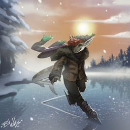 anthro clothing ear_piercing fin footwear hair half-closed_eyes ice_skates ice_skating industrial_piercing male markings narrowed_eyes piercing red_hair scales scarf smile solo spots spotted_body spotted_markings spotted_scales tail tail_fin tan_body tan_scales white_body white_scales winter_coat winter_hat bleats zale_the_shark aquatic fish ground_shark leopard_shark shark triakid 1:1 hi_res