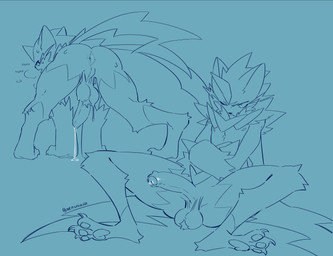 all_fours anthro anus backsack ball_tuft balls bodily_fluids breath butt claws crossed_arms digitigrade erection foreskin genital_fluids genitals horn humanoid_genitalia humanoid_penis looking_at_viewer looking_back looking_back_at_viewer male nipples nude nude_male one_eye_closed pawpads paws penis perineum precum precum_on_ground precum_string presenting presenting_hindquarters saggy_balls sitting solo spread_legs spreading sweat sweaty_balls sweaty_butt sweaty_genitalia toe_claws tuft unretracted_foreskin nerunaur nintendo pokemon felid generation_9_pokemon legendary_pokemon mammal mega_evolution mega_zeraora pokemon_(species) 2025 digital_drawing_(artwork) digital_media_(artwork) hi_res signature