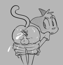 after_anal after_sex annoyed anthro anus balls bent_over big_balls big_butt big_ears big_eyes big_iris biped bodily_fluids bottomwear bottomwear_down butt censored_anus clothed clothing cum cum_from_ass cum_in_ass cum_inside cum_on_butt curved_tail eyebrows fingers frown fur fur_tuft gaping gaping_anus genital_fluids genitals grey_background head_tuft head_turned ineffective_censorship iris looking_back male monotone_background no_pupils open_frown open_mouth partially_clothed partially_clothed_anthro partially_clothed_male pointy_ears prick_ears shirt short_sleeves shorts shorts_down shota simple_background solo standing t-shirt tail three-quarter_view topwear tuft young young_anthro young_male piina litterbox_comics vincent_(litterbox_comics) calico_cat domestic_cat felid feline felis mammal 2026 censored digital_drawing_(artwork) digital_media_(artwork) greyscale monochrome