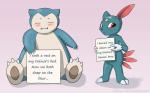 ambiguous_gender blush conversational_sign duo holding_object holding_sign humor placard sign simple_background text eddiew dogshaming nintendo pokemon generation_1_pokemon generation_2_pokemon pokemon_(species) sneasel snorlax 16:10 english_text meme widescreen