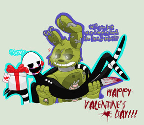 blood bodily_fluids duo exposed_endoskeleton gift glowing glowing_eyes holiday_message holidays knife machine male puppet text avj_(artist) five_nights_at_freddy's five_nights_at_freddy's_2 five_nights_at_freddy's_3 scottgames valentine's_day marionette_(fnaf) springtrap_(fnaf) animatronic lagomorph leporid mammal rabbit robot 2016 english_text