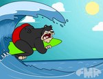 anthro black_body black_fur black_nose blue_sky blue_water butt clothed clothing fur green_surfboard hugging_surfboard male open_mouth outside red_clothing red_speedo red_swimwear scared sharp_teeth sky solo speedo speedo_only surfboard surfing swimwear swimwear_only teeth teeth_showing tongue tongue_out toony topless water wave white_clouds yellow_sun foxmanad dom_(foxmanad) bear mammal