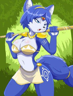 accessory anthro armor big_breasts blue_eyes blue_hair blush bodily_fluids body_blush bottomwear breast_blush breasts cleavage clothed clothing crown female fluffy fluffy_tail forest forest_background furgonomics hair headgear jewelry krystal's_staff leg_tattoo loincloth necklace plant ring shoulder_guards solo staff sweat tail tail_accessory tail_jewelry tail_ring tattoo thigh_tattoo tiara tree zebra10045 nintendo star_fox krystal_(star_fox) canid canine fox mammal hi_res