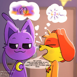 69_(number) 69_position anthro black_eyes blush blush_lines bodily_fluids charm_(jewelry) cheek_tuft dialogue dream duo facial_tuft fur jewelry laugh long_tail male male/male necklace on_top_of_another oral orange_body orange_fur pupils purple_body purple_fur sex smile smirk smirking_at_partner speech_bubble sweat sweatdrop tail text thought_bubble tongue tuft white_pupils yellow_body yellow_fur tinky mob_entertainment poppy_playtime smiling_critters catnap_(poppy_playtime) dogday_(poppy_playtime) canid canine canis domestic_cat domestic_dog felid feline felis mammal 1:1 censored english_text