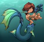 4_fingers armor blue_eyes bra clothing ear_fins female fin fingers gauntlets gloves handwear monster_girl_(genre) seashell_bra simple_background solo split_form swimwear tail tail_fin underwater underwear water drybone magi-nation animal_humanoid fish fish_humanoid humanoid marine marine_humanoid merfolk