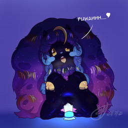 abdominal_bulge anthro belly big_breasts blush bodily_fluids braided_hair breasts chibi clitoris cosmic_hair dark_body dark_skin dildo ethereal_hair female genitals glowing glowing_dildo glowing_sex_toy hair heart_after_text heart_symbol horn kneeling large_penetration light_dildo masturbation navel nipples penetration saliva sex_toy shortstack shortstack_female solo sweat text text_with_heart tongue tongue_out vulva yellow_nipples syst nintendo pokemon fan_character starla_(syst) cosmog generation_5_pokemon generation_7_pokemon generation_8_pokemon hybrid legendary_pokemon pokemon_(species) whimsicott wooloo 1:1 2021 absurd_res english_text hi_res shaded signature