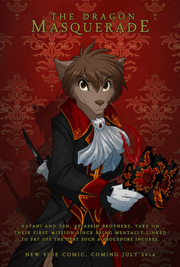 anthro brown_body brown_fur brown_hair clothing dagger damask_pattern fur hair knife male melee_weapon poster poster_template smile solo suit text weapon conditional_dnp tom_fischbach twokinds zen_(twokinds) canid canine canis mammal wolf adobe_photoshop_(artwork) colored digital_media_(artwork) english_description english_text