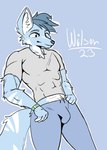 abs anthro biped blush bulge butt clothed clothing fur hair male male_anthro muscular muscular_anthro muscular_male pecs simple_background smile solo tail text darkplayers wilson_anderson_(darkplayers) canid canine canis mammal wolf digital_media_(artwork)