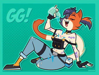anthro arm_support bell bell_collar belt beverage bottomwear breasts brown_body bulletproof_vest clothing collar collarbone denim denim_bottomwear denim_clothing eyebrows female fingerless_gloves footwear glass_bottle gloves grey_body hair handwear jeans midriff navel open_mouth pants ponytail shoes sitting solo tattoo tongue tongue_out white_body psicoyote epic_games fortnite cate_meowdy calico_cat domestic_cat felid feline felis mammal 2026 hi_res