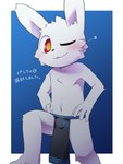 2024 anthro black_nose blue_background blush bottomwear chest_tuft clothed clothing digital_media_(artwork) fur hands_on_hips hantsuki_(ko-gami) head_tuft hi_res japanese_text ko-gami lagomorph leporid loincloth loincloth_only looking_aside male male_anthro mammal navel one_eye_closed rabbit red_sclera simple_background solo star text text_on_clothing text_on_loincloth text_on_underwear topless topless_anthro topless_male translation_request tuft underwear underwear_only white_body white_fur wink yellow_eyes