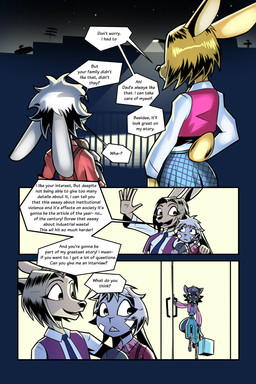 accessory anthro black_body black_fur blonde_hair bottomwear clothed clothed_anthro clothed_female clothing cybernetics dialogue female female_anthro fur grey_body grey_fur grey_hair hair jacket machine necktie night pink_clothing pink_jacket pink_topwear pink_vest scut_tail short_hair short_tail skirt tail text topwear vest yellow_body yellow_fur gatonejo gadea_(gatonejo) mono_(gatonejo) tabby_(gatonejo) cyborg deer domestic_cat felid feline felis lagomorph leporid mammal rabbit 2026 2:3 comic english_text hi_res