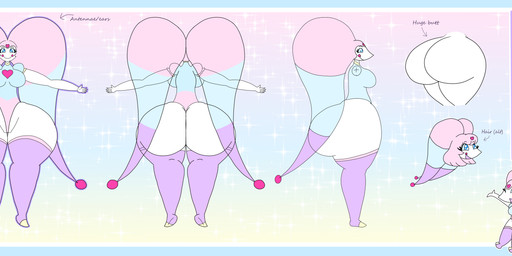 big_butt blue_eyes border butt chibi clothed clothing female front_view hair heart_symbol huge_butt jester leotard multicolored_ears not_furry pink_hair pointy_nose rear_view side_view solo white_body t_m_f_w humanoid absurd_res digital_drawing_(artwork) digital_media_(artwork) hi_res model_sheet multiple_images